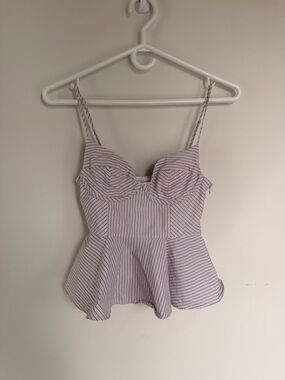Pin-Striped Peplum Bustier Top in White, Blue & Pink